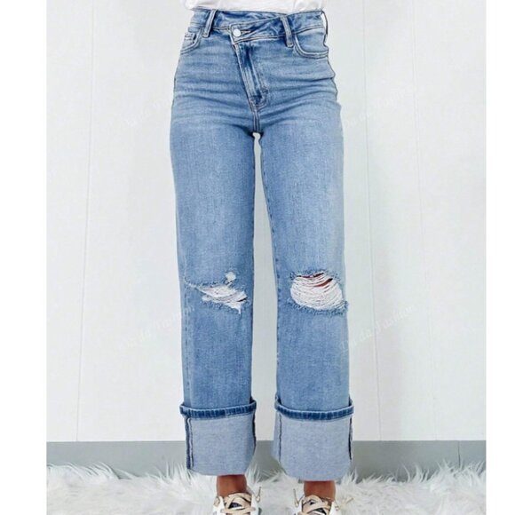 Shein Distressed Denim Crisscross Jean Size 6(M) Cuffed Hem - Picture 1 of 9
